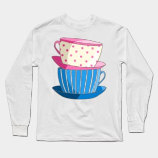 Cute Stacked Tea Cups tea party Pink Blue Long Sleeve T-Shirt